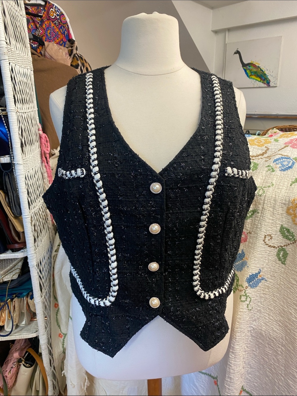 SHEIN Black Tweed Pearl-Button Crop Vest with White Braid & shimmer fabric